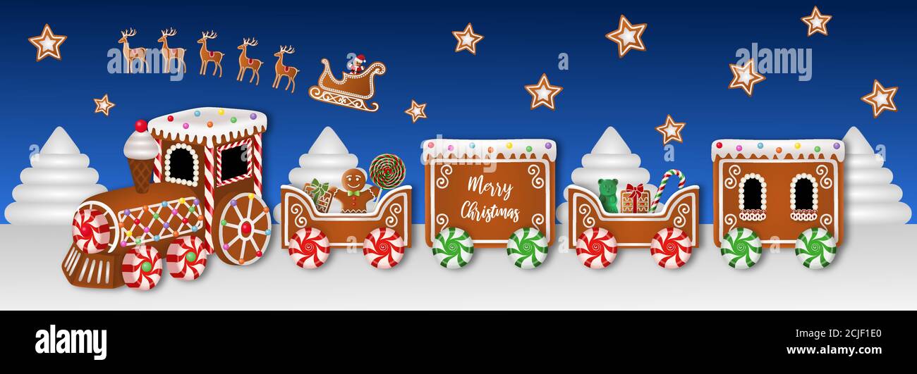 banner natalizio con treno di pan di zenzero e caramelle Illustrazione Vettoriale