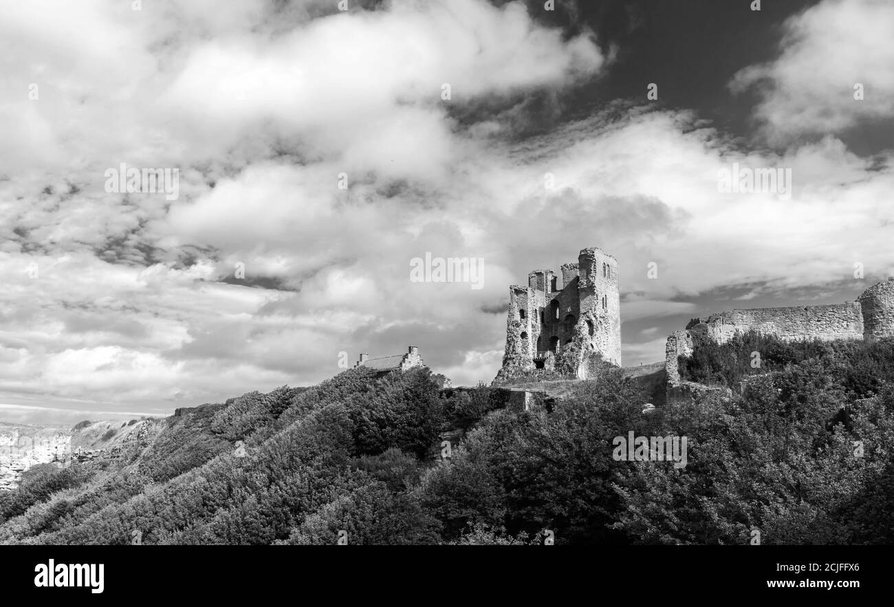 Un muro del castello e una torre si trova sulla cima di una ripida riva coperta di alberi e arbusti. Una casa con tetto rosso è su un lato e cielo blu con le nuvole è Foto Stock