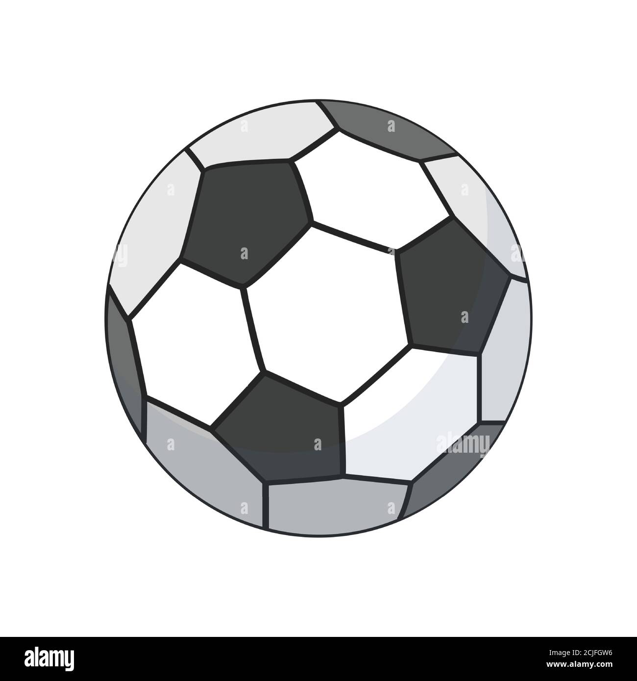 Palla di calcio o palla di calcio vettore piatto illustrazione isolato su sfondo bianco. Attrezzature sportive per uno stile di vita attivo. Pallone da calcio bianco e nero per la progettazione di siti Web o applicazioni mobili. Illustrazione Vettoriale