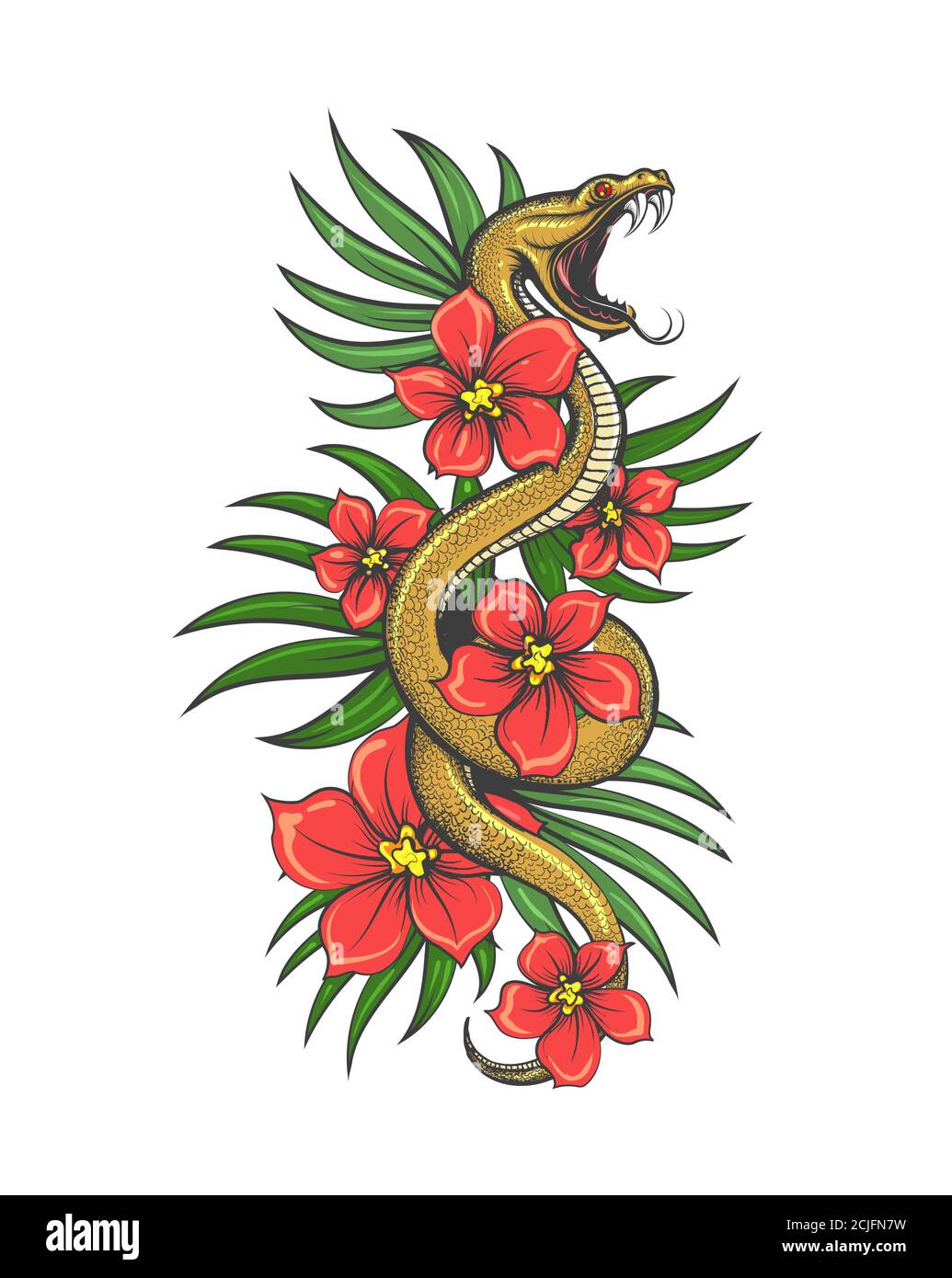 Serpente strisciante con fiori e foglie d'erba. Illustrazione disegnata a mano in stile tatuaggio. Illustrazione vettoriale. Illustrazione Vettoriale