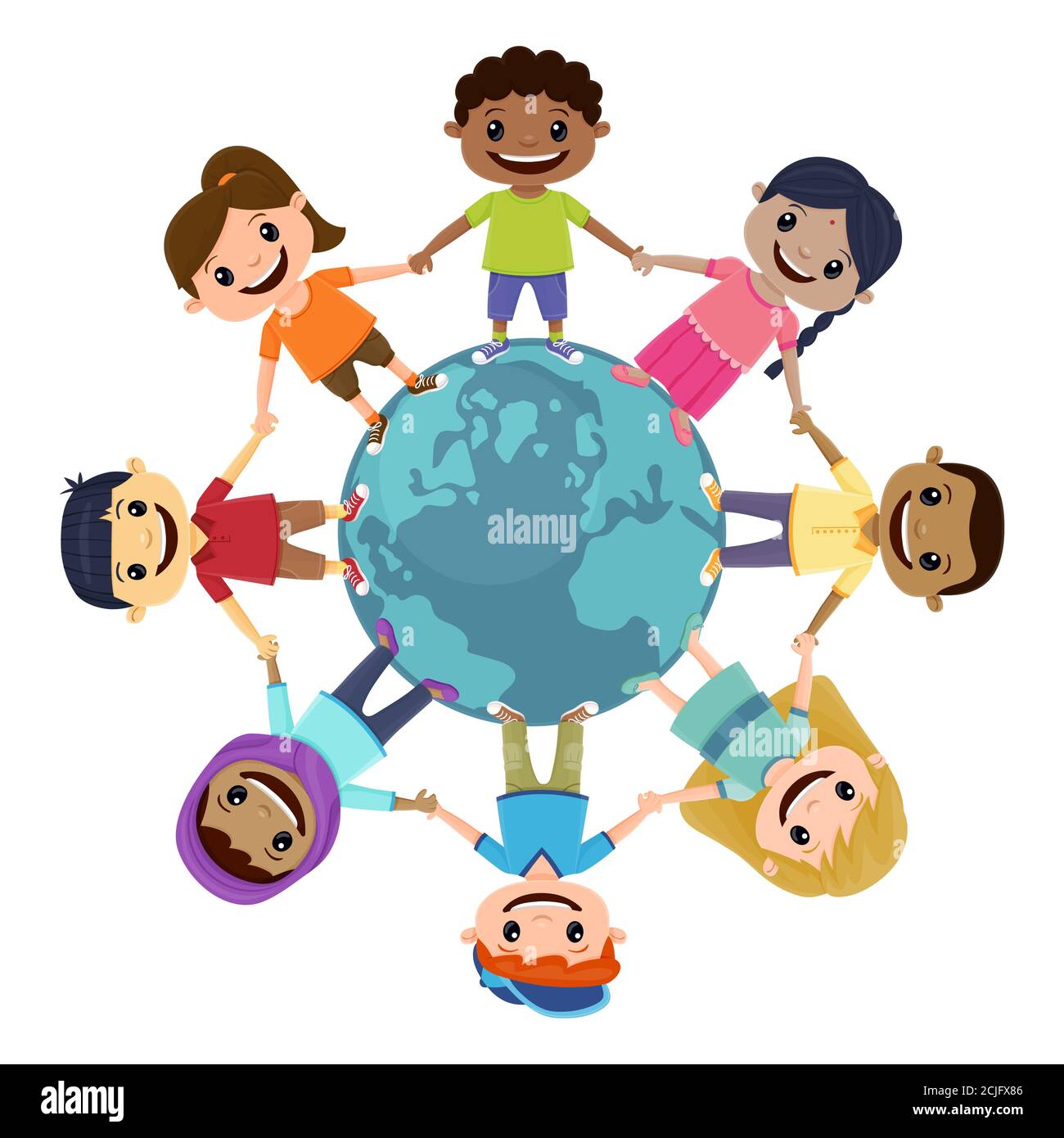 Sorridi i bambini che tengono le mani in tutto il mondo. Concetto di giorno dei bambini. Illustrazione Vettoriale