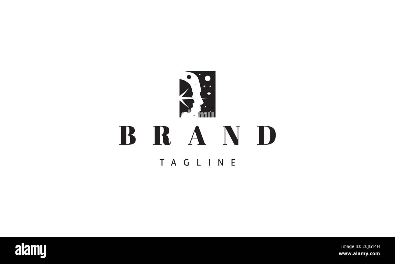 Logo vettoriale su cui un'immagine astratta della silhouette di un volto umano sullo sfondo dello spazio aperto. Illustrazione Vettoriale