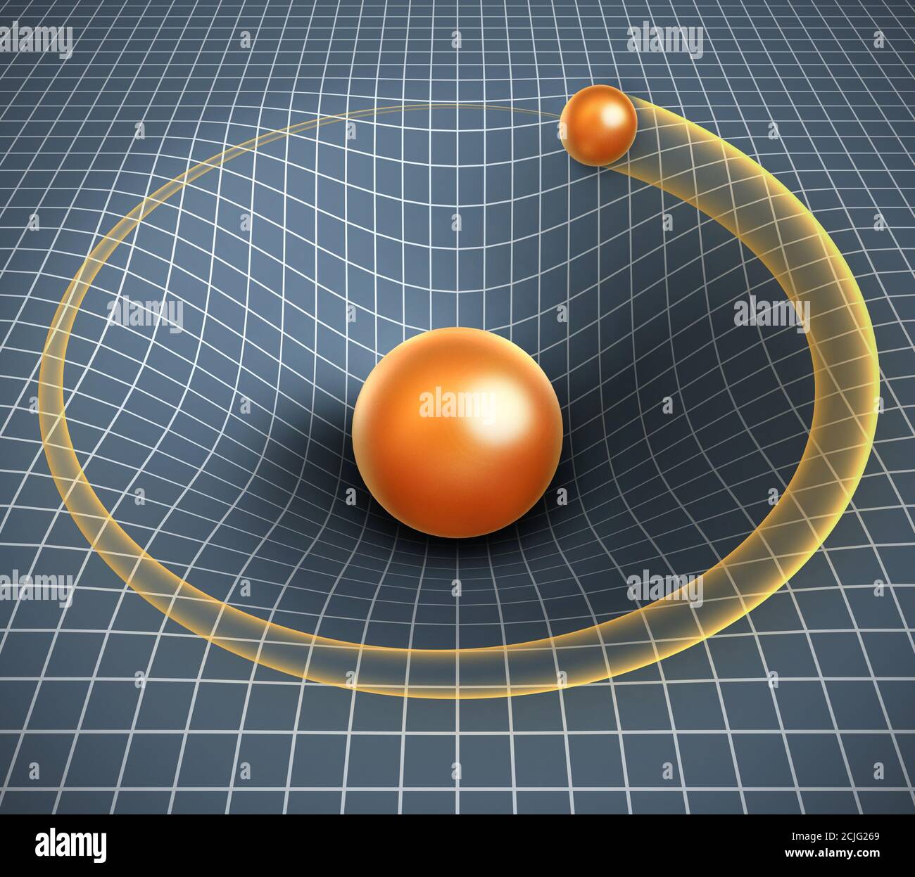 illustrazione 3d della gravità - oggetto che influisce sullo spazio / tempo e. altri oggetti in movimento Foto Stock