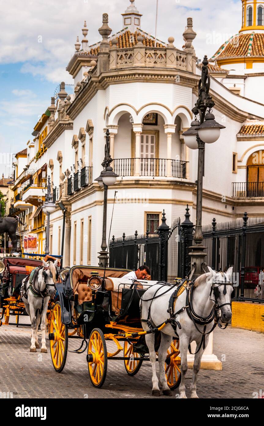 SIVIGLIA, SPAGNA - Marzo circa, 2020. Plaza de Toros de la Maestranza, dal Steet, fuori, a Siviglia. Carrozza trainata da cavalli di fronte al cancello. Foto Stock