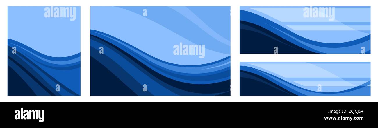 Un insieme di sfondi astratti in proporzioni diverse. Vettore. Per striscioni, confezioni ed etichette dei prodotti. Onde blu. Stile piatto. Illustrazione Vettoriale