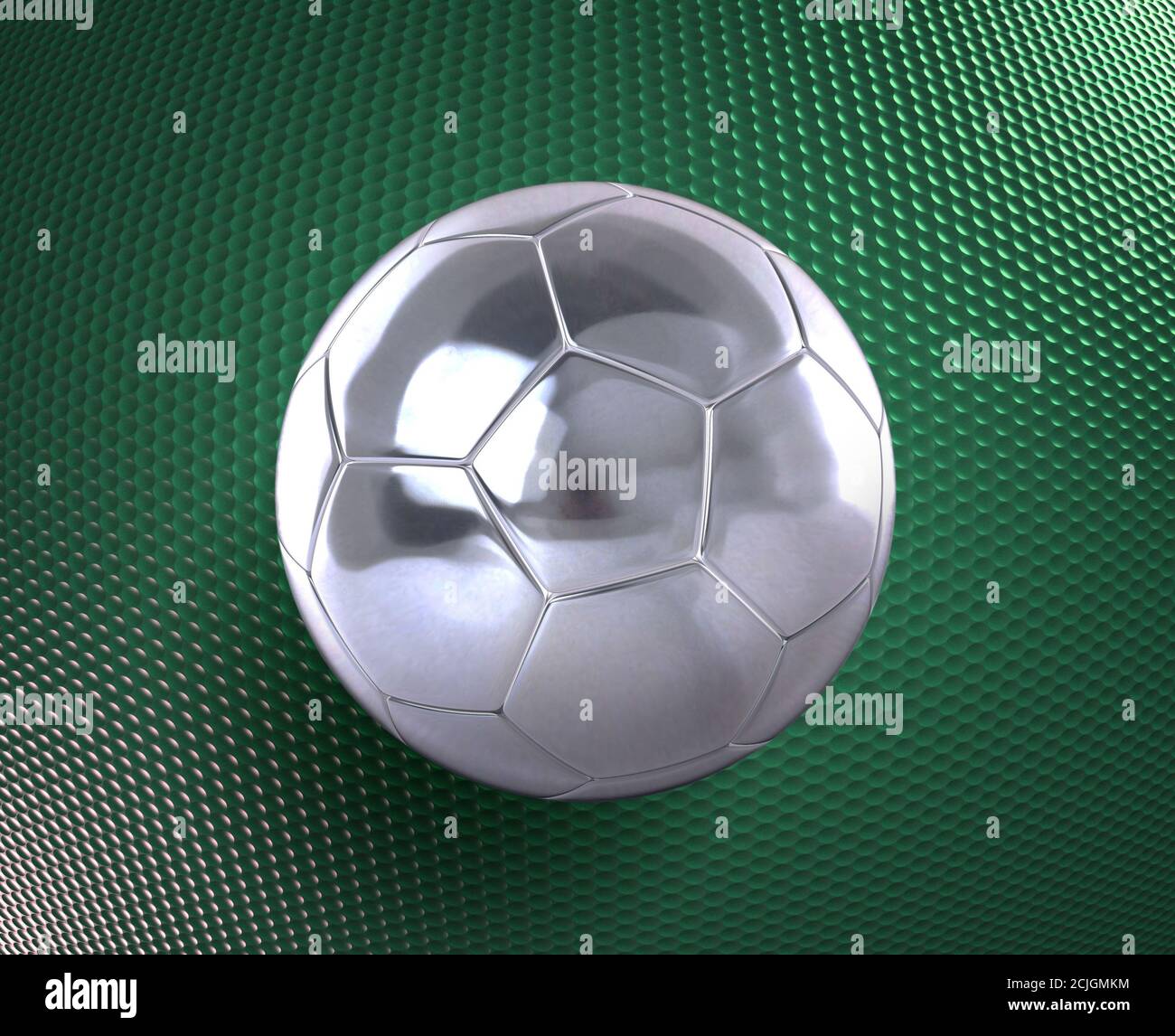 calcio metallico (pallone da calcio) su sfondo verde hi-tech Foto Stock