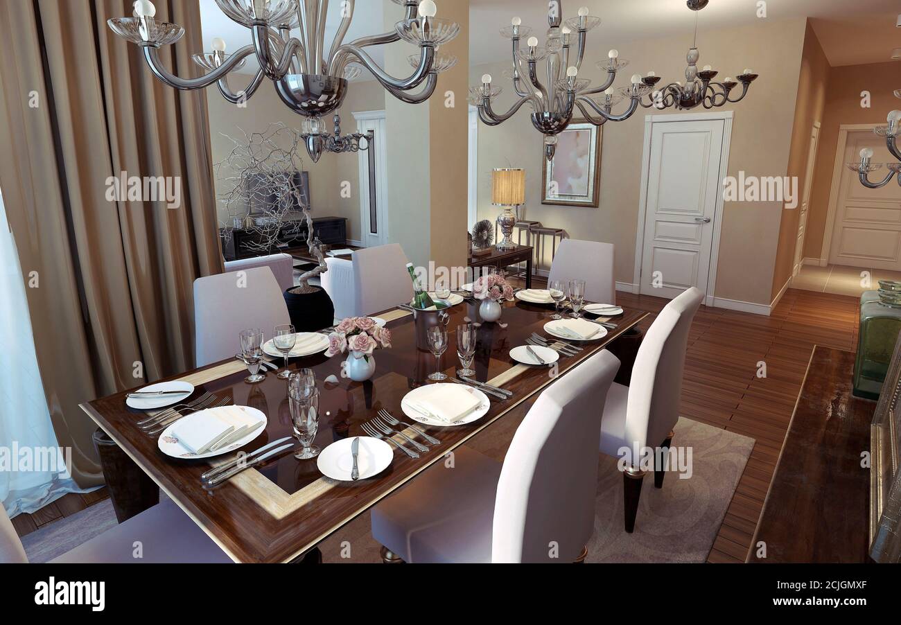 Sala da pranzo in stile art deco e classico. Immagini 3D Foto Stock