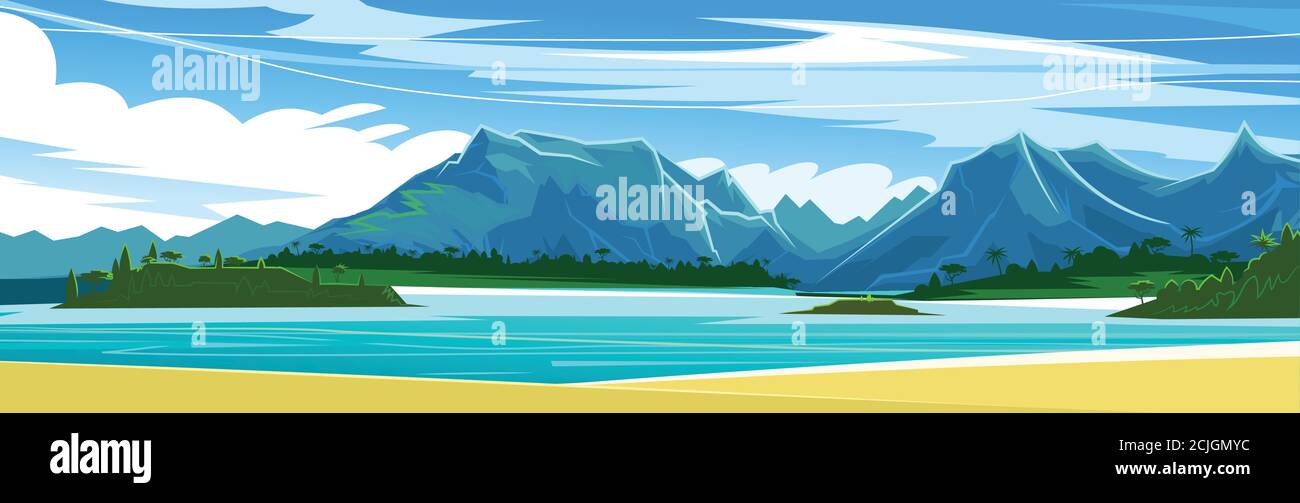 Spiaggia di sabbia dell'oceano. Spiaggia tropicale. Cielo blu, montagne in lontananza. Stile piatto. Illustrazione vettoriale. Baia in mare o un grande lago. Bella wat Illustrazione Vettoriale