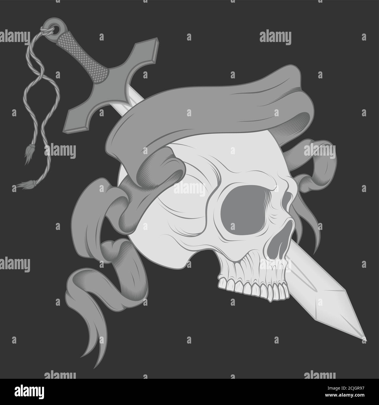 Illustrazione cranio in profilo con spada e nastro. Arte tradizionale Illustrazione Vettoriale