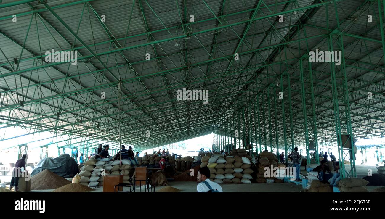 DISTRETTO KATNI, INDIA - 04 AGOSTO 2019: Folla contadina del villaggio indiano all'agricoltura galla mandi in corporotion alimentare dell'india. Foto Stock