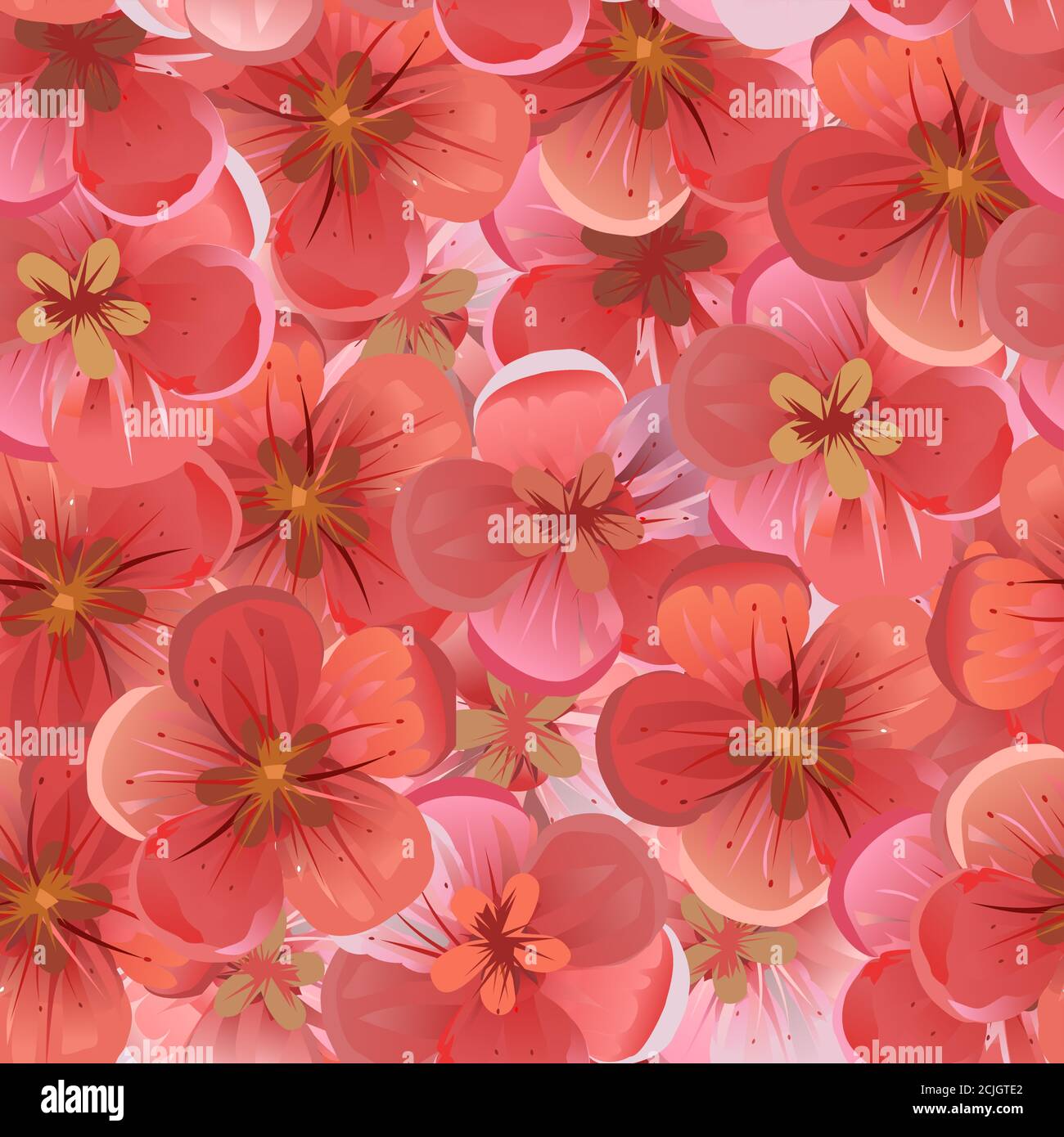 Fiori rosa e rosso fruttato. Vettore. Texture di sfondo geometriche senza cuciture. Ciliegia fiorente, mela, albicocca, pesca. Sakura. Illustrazione Vettoriale
