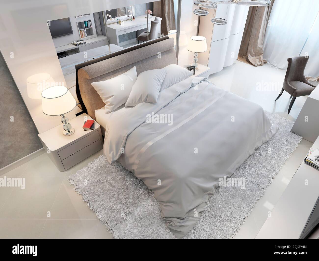 Camera da letto di stile moderno, immagini 3d Foto Stock