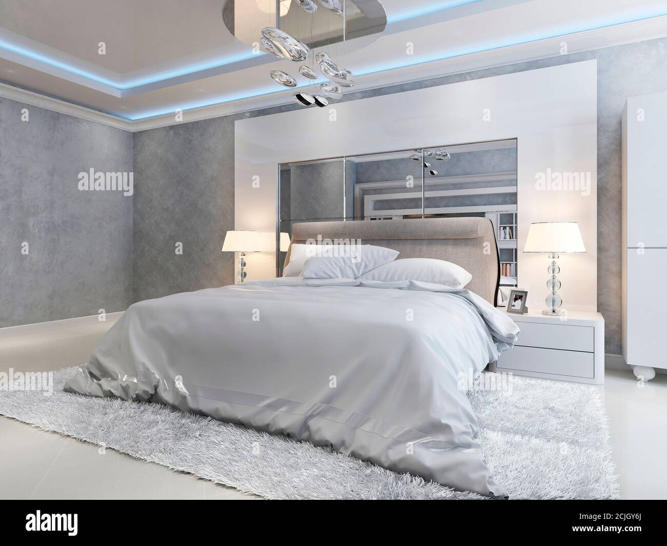 Camera da letto di lusso in stile moderno, immagini 3d Foto Stock