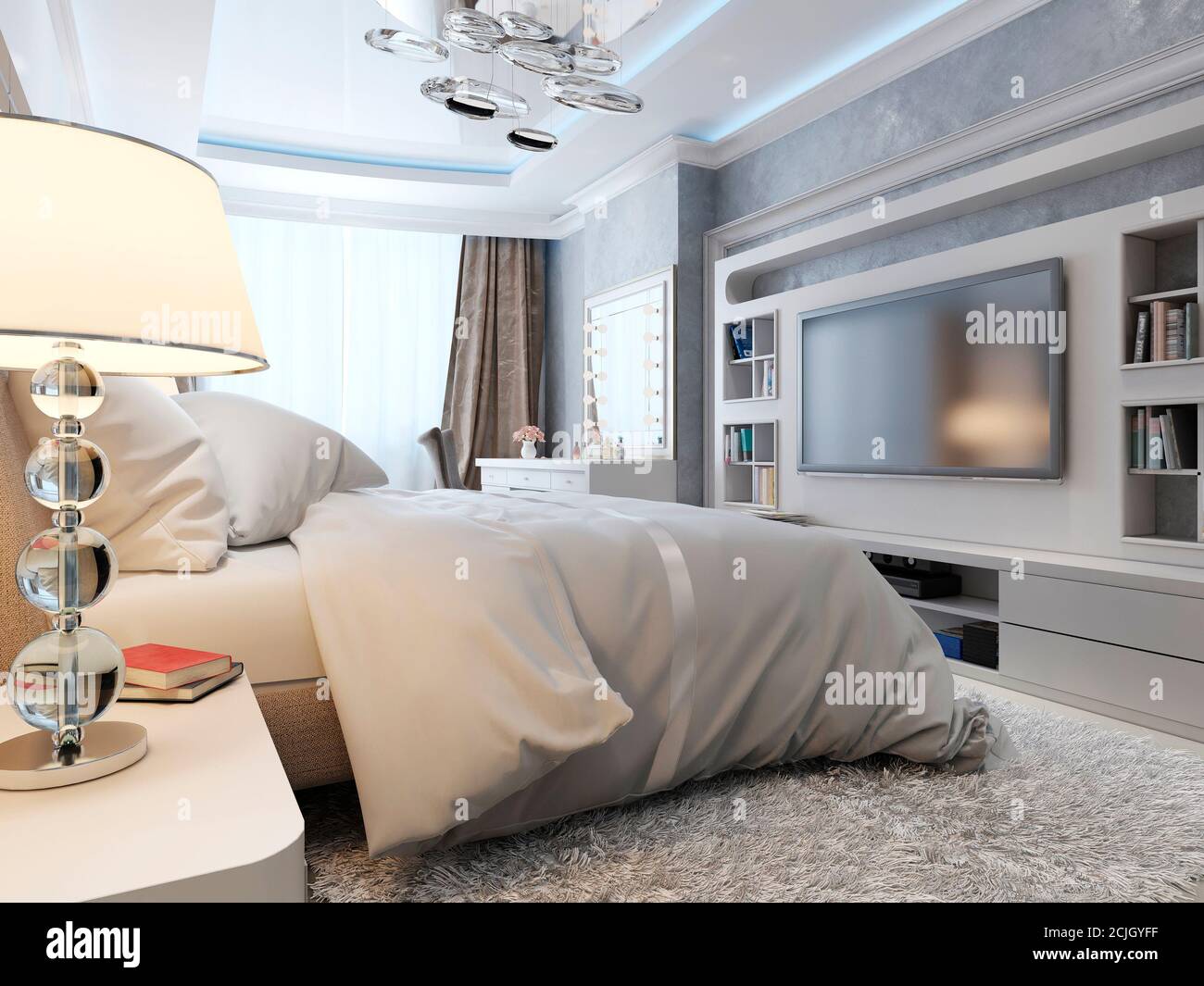 Camera da letto neoklasika moderna, immagine 3d Foto Stock