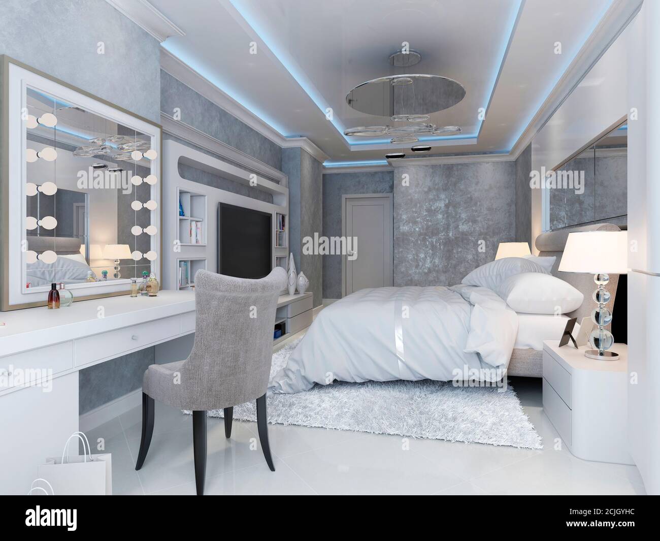 Camera da letto in stile art deco moderno, con quadro 3d Foto Stock