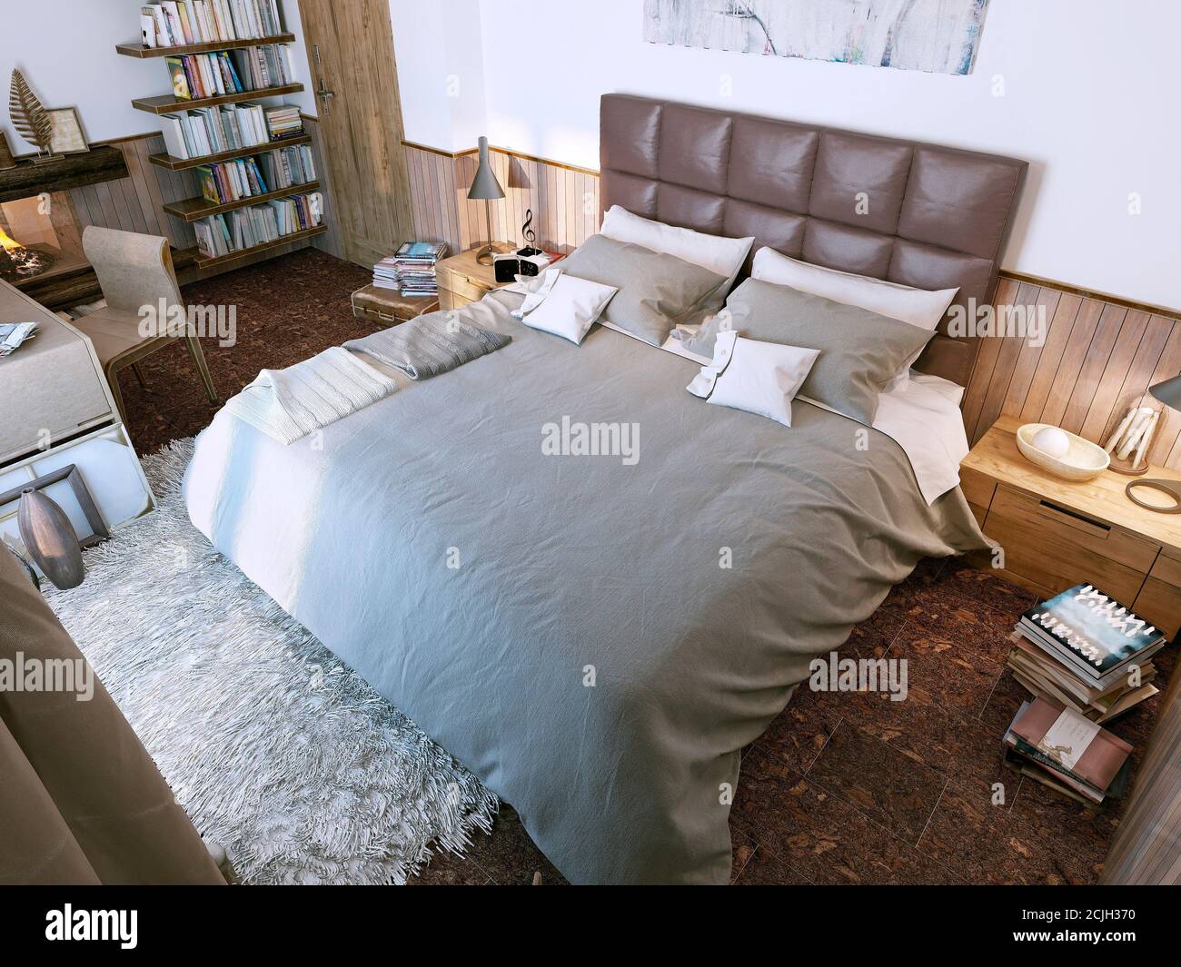 Stile loft con camera da letto, immagine 3d Foto Stock