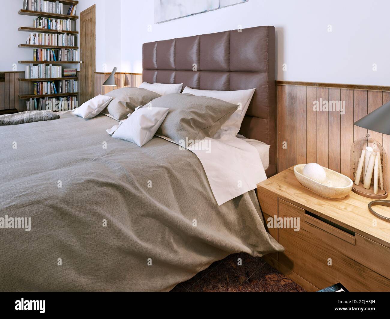 Camera da letto di stile moderno, immagine 3d Foto Stock