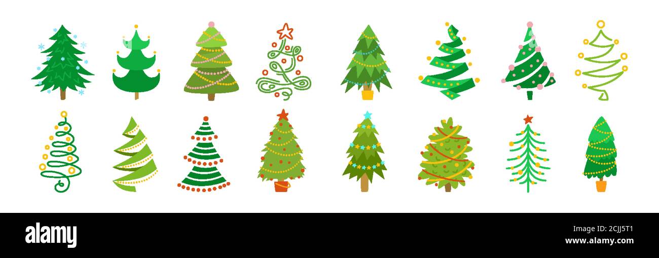 Collezione albero di Natale. Capodanno tradizionale design ornamenti, stelle o ghirlande. Set di cartoni animati verdi con disegno a mano di alberi di Natale. Simbolo stilizzato per l'illustrazione vettoriale delle vacanze piatte Illustrazione Vettoriale