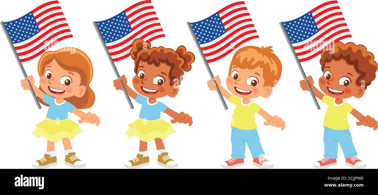 Bandiera degli Stati Uniti d'America in mano. Bambini con bandiera. Bandiera nazionale degli Stati Uniti d'America vettore Illustrazione Vettoriale