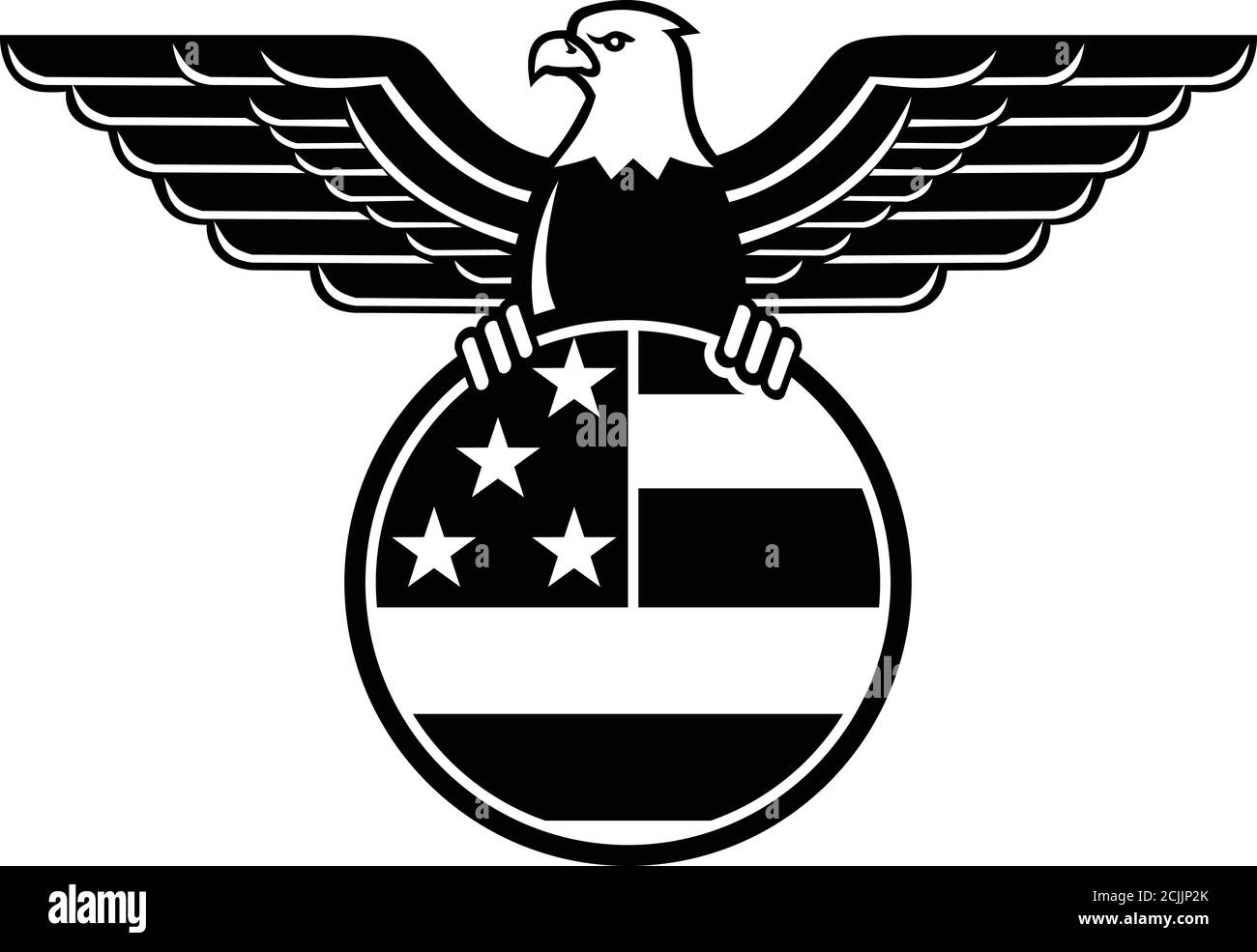 Mascot illustrazione di un'aquila calva con le ali spalancate che si stringono Le stelle e le strisce americane o statunitensi sono stellari contrassegno in cerchio visualizzato Illustrazione Vettoriale