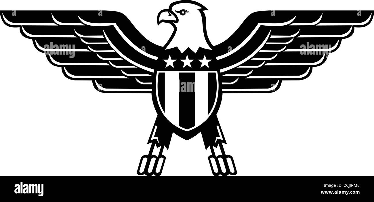 Mascot illustrazione di un'aquila calva con le ali sparse e. Le stelle e le strisce americane o statunitensi sono stellari allarme sul torace visto da f Illustrazione Vettoriale