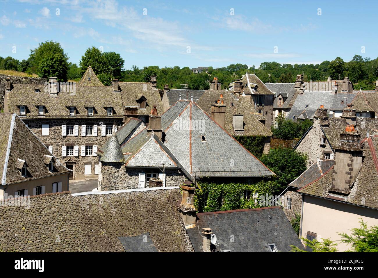 Salers etichettato les più beaux Villages de France, lauze tetti della città, dipartimento Canta, Auvergne Rodano Alpi, Francia Foto Stock