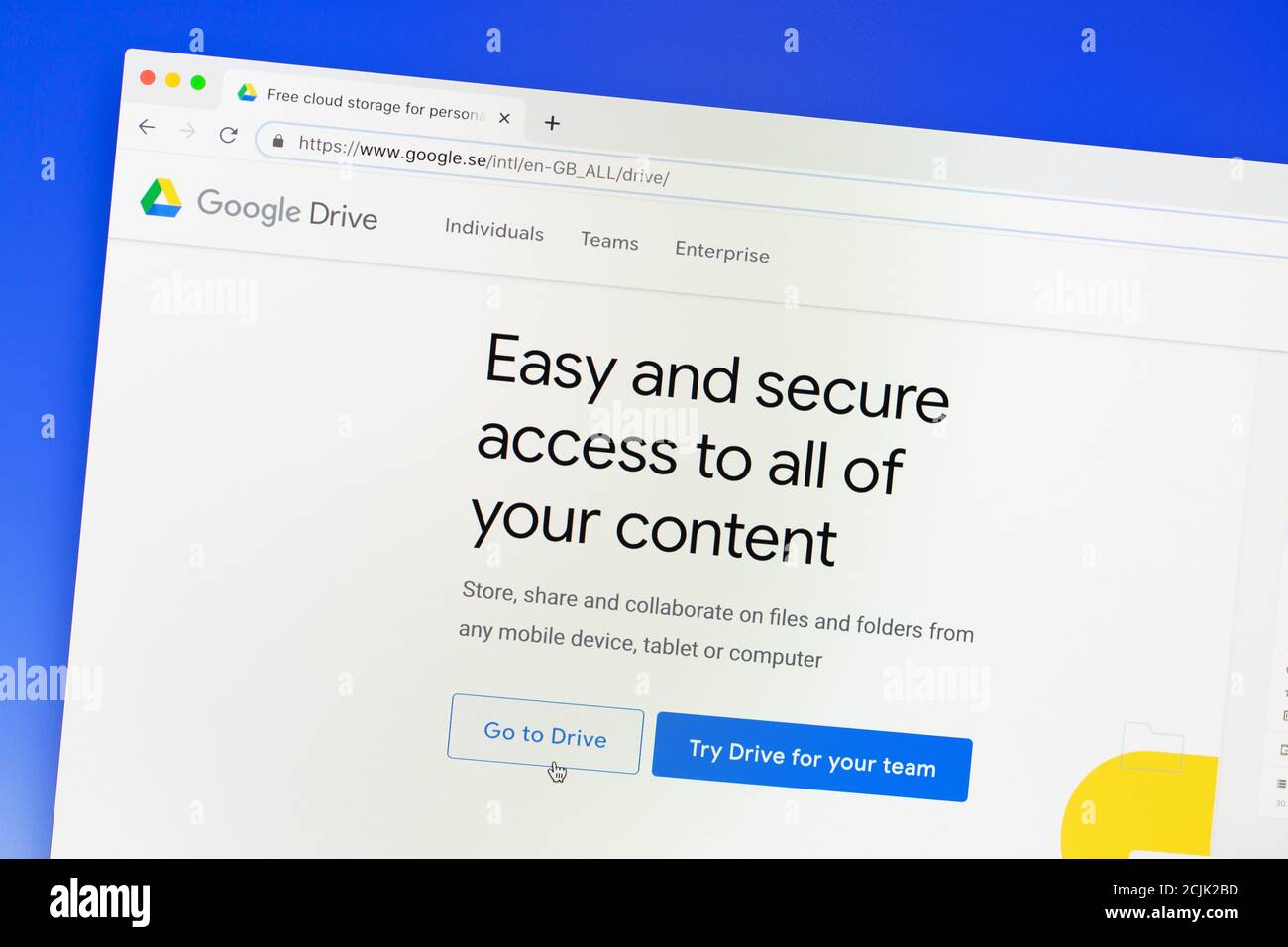 Ostersund Svezia - 14 settembre 2020. Sito Web di Google Drive sullo schermo di un computer. Google Drive è un servizio di archiviazione e sincronizzazione di file sviluppato da Go Foto Stock