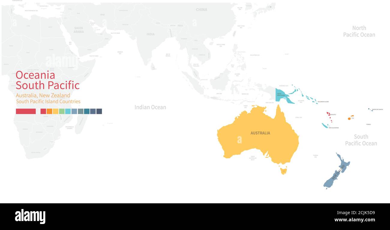 Mappa vettoriale colorata e dettagliata dell'Oceania, dei paesi del Pacifico meridionale. Illustrazione Vettoriale