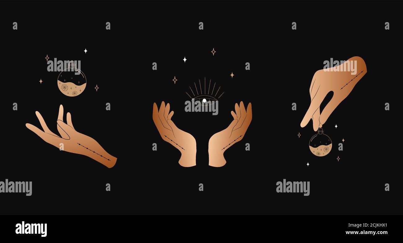Set di mani femminili. Collezione magia strega e occulto. Diversi gesti delle mani vettoriali con spada, stelle e cristallo. Logo astratto per carte tarocchi Illustrazione Vettoriale