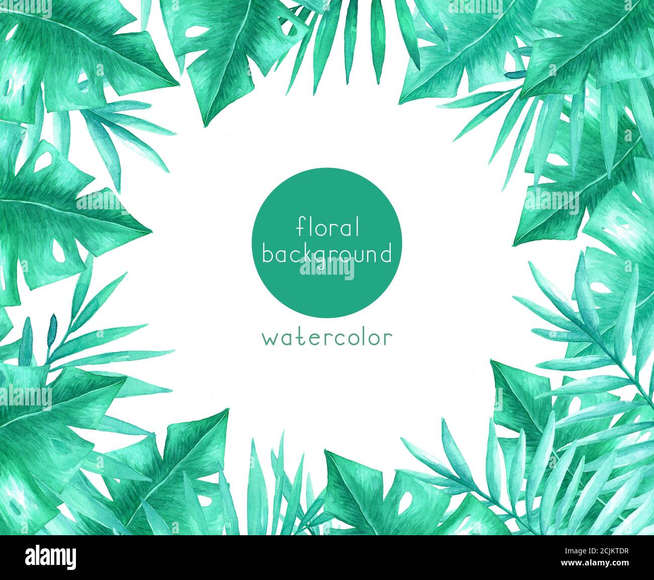 Sfondo acquerello con foglie tropicali e rami su sfondo bianco. Foto Stock