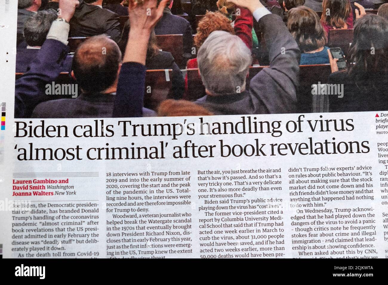 Joe 'Biden definisce la gestione del virus da parte di Trump 'quasi criminale' dopo Libro rivelazioni' Guardian giornale titoli US politica articolo 10 settembre Londra Foto Stock