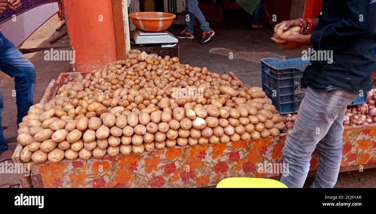 DISTRETTO KATNI, INDIA - 06 OTTOBRE 2019: Patate fresche e sane presentate in negozio di verdure al mercato agricolo produce merci. Foto Stock
