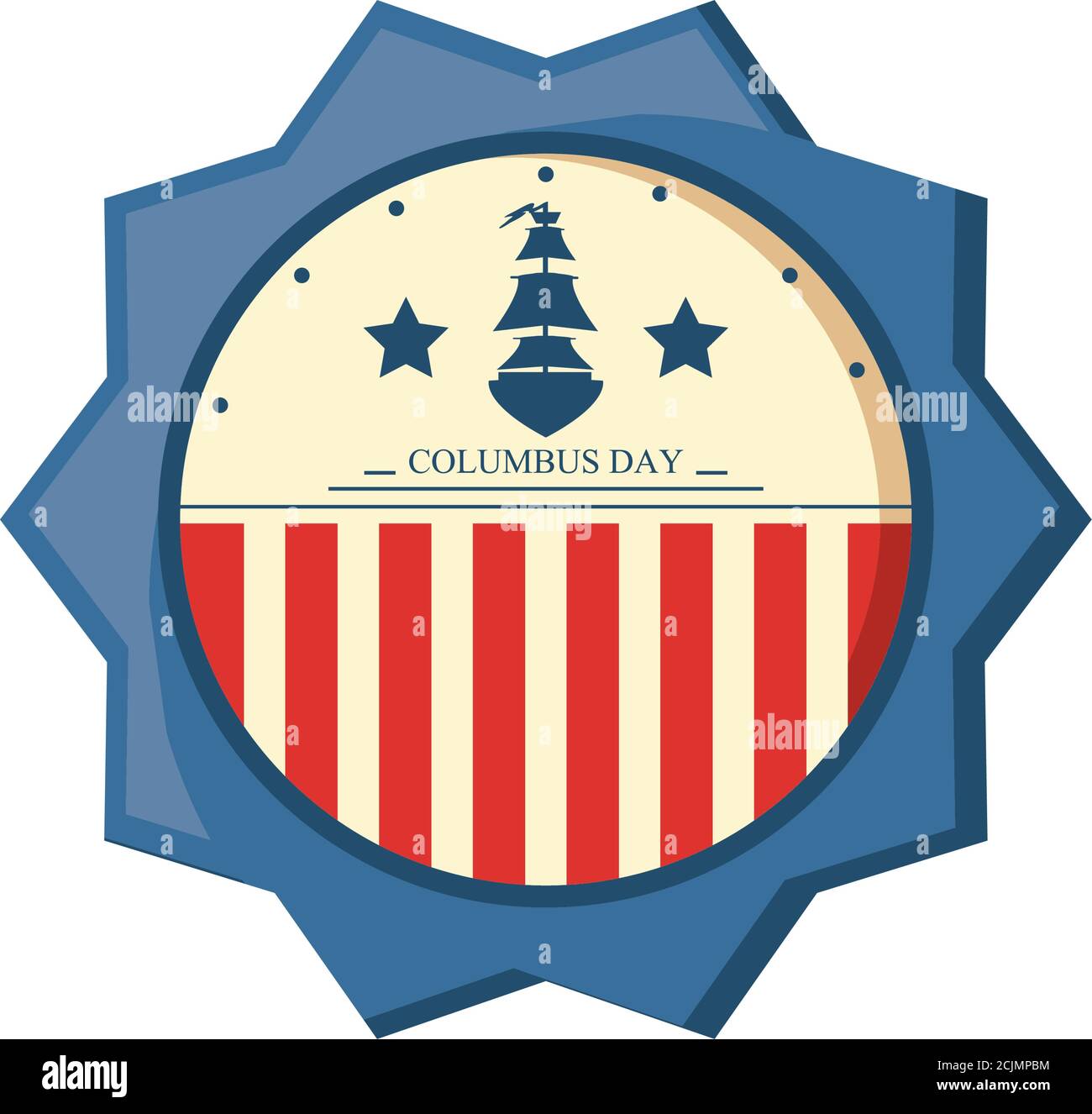 badge con bandiera usa ed etichetta columbus day su bianco disegno dell'illustrazione vettoriale di sfondo Illustrazione Vettoriale
