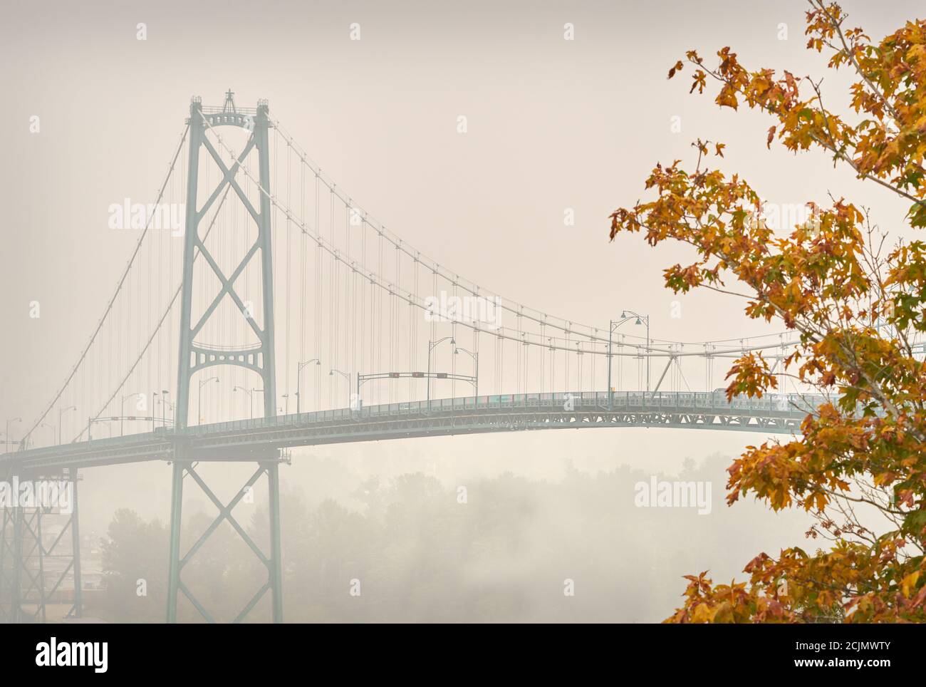 Lions Gate Bridge Fog. Il Lions Gate Bridge sopra le prime Narrows di Burrard Inlet in una giornata di nebbia. Vancouver nord sullo sfondo. Foto Stock