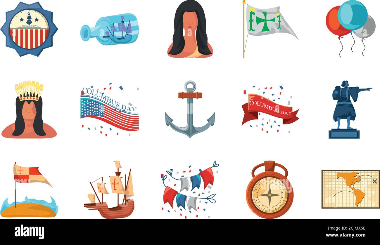 set di icone columbus day in bianco sfondo vettoriale illustrazione design Illustrazione Vettoriale