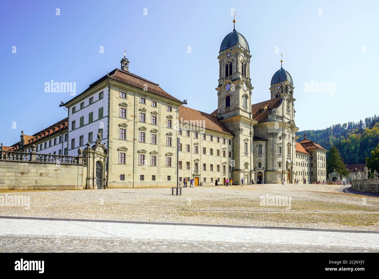 Abbazia benedettina di nostra Signora degli Eremiti nel pellegrinaggio Città di Einsiedeln (nome della città significa eremo), cantone di Svitto. Svizzera. Foto Stock