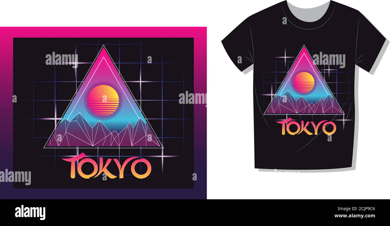Estetica Vaporwave T-shirt Stampa modello con Sole e Montagne: Anni '90 retro Giappone Cartoon Kawaii Otaku Hipster Style, Synthwave / Retrowave Neon C. Illustrazione Vettoriale