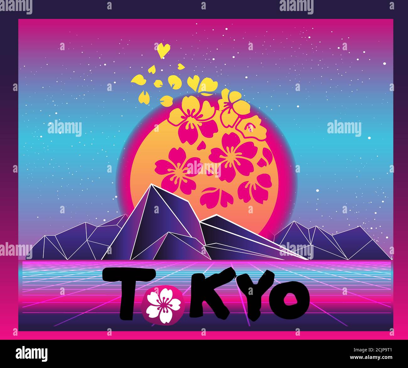 Estetica Vaporwave T-shirt Stampa modello con Sole e Montagne: Anni '90 retro Giappone Cartoon Kawaii Otaku Hipster Style, Synthwave / Retrowave Neon C. Illustrazione Vettoriale
