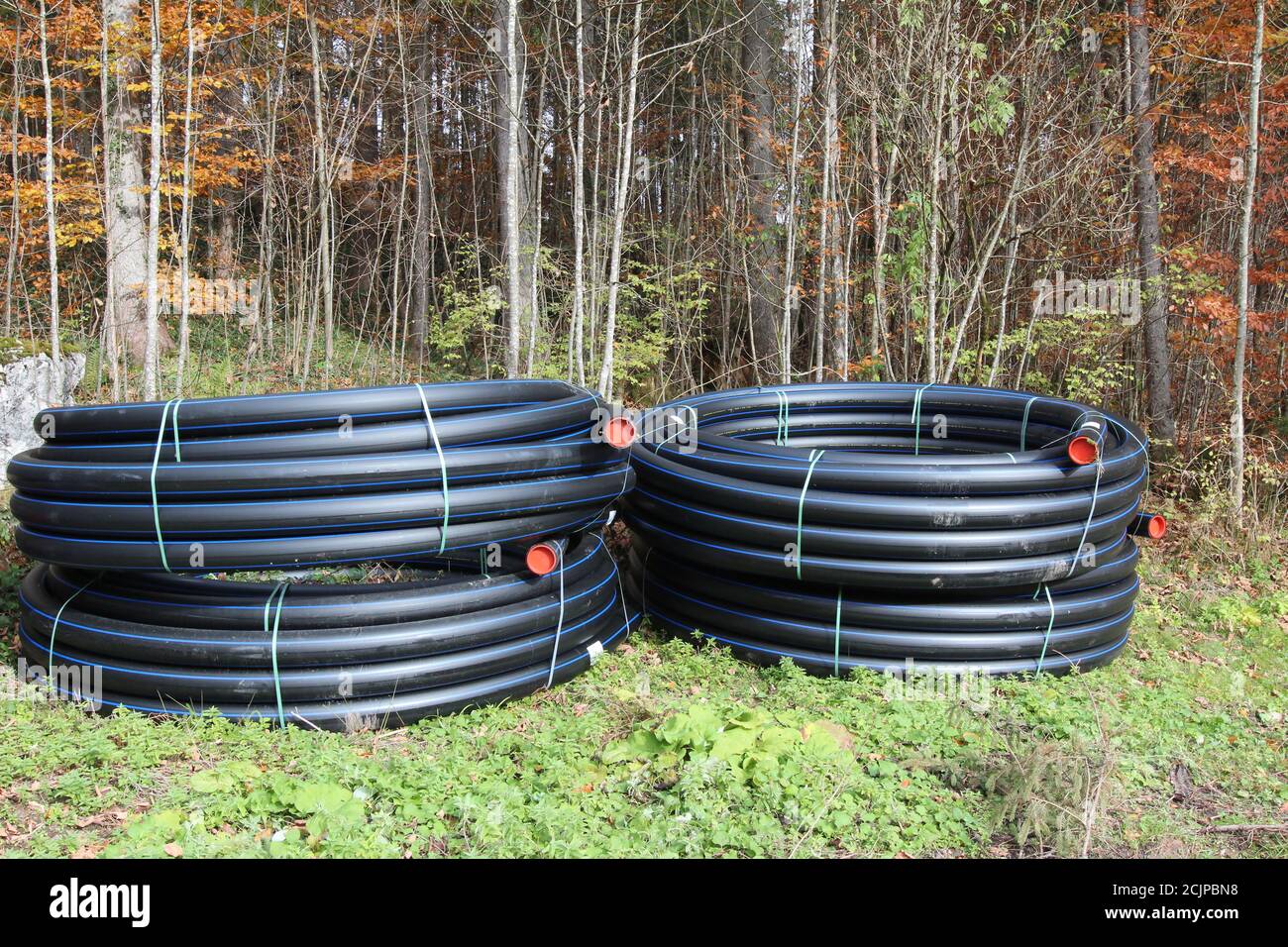 Fuoco selettivo di tubi di plastica neri rotola in foresta Foto Stock