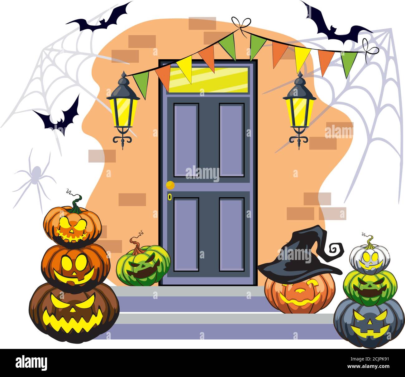 La porta è decorata con zucche di Halloween divertenti e creepy facce con lanterne Illustrazione Vettoriale