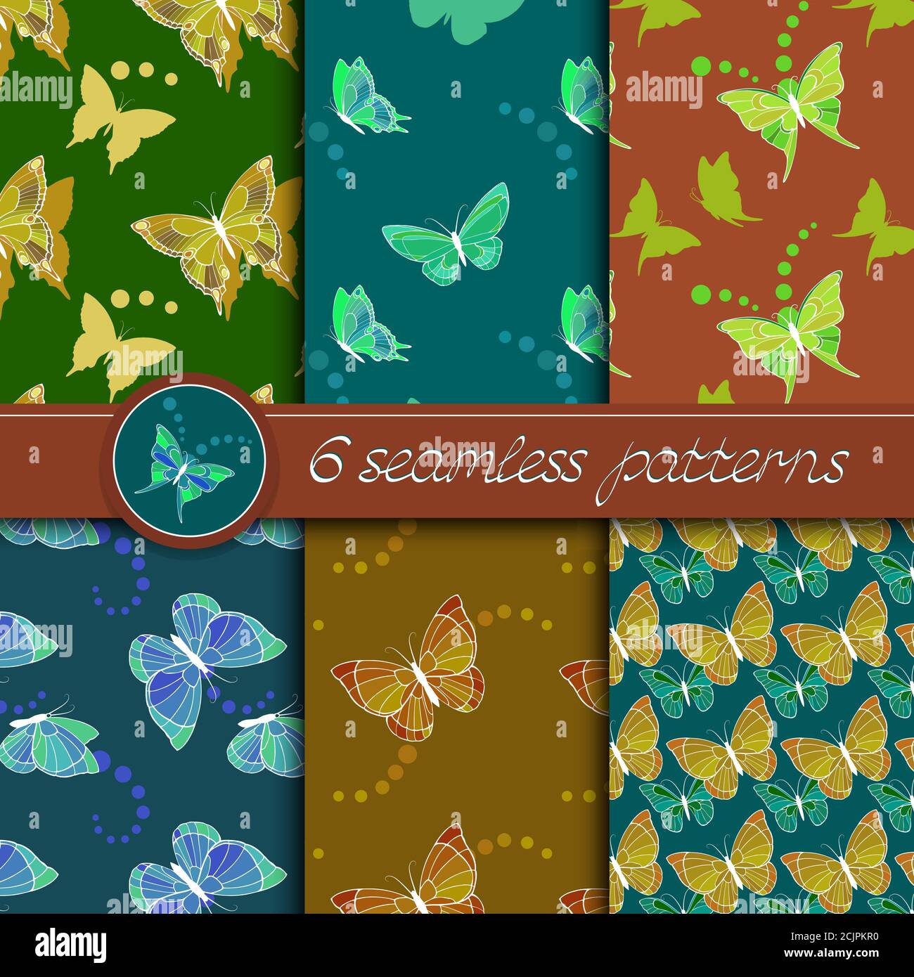 Insieme vettoriale di pattern senza giunture con farfalle. Collezione di motivi in blu, verde, giallo e marrone. Illustrazione Vettoriale