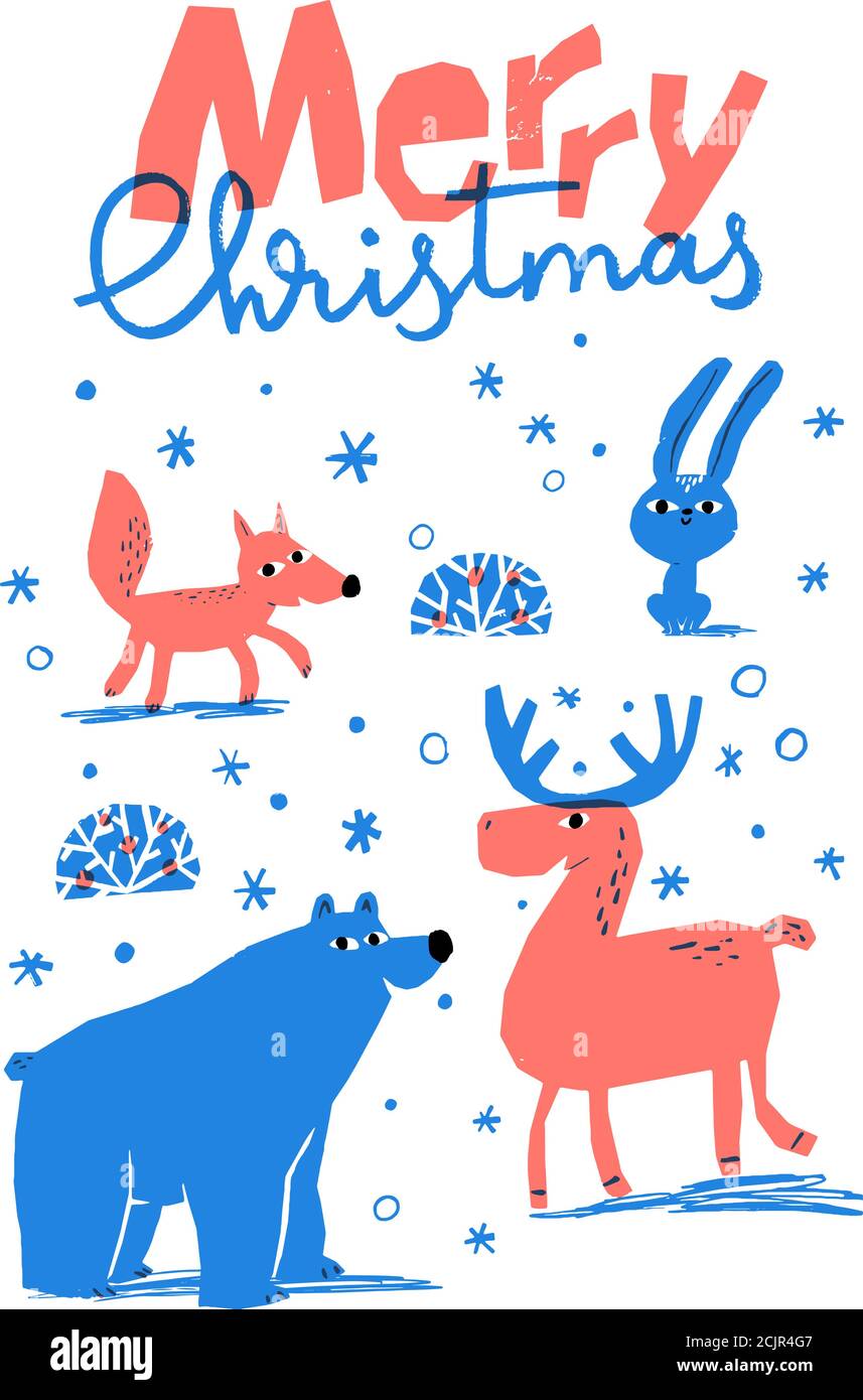 Allegro Natale vettore inverno poster con animali carini Illustrazione Vettoriale