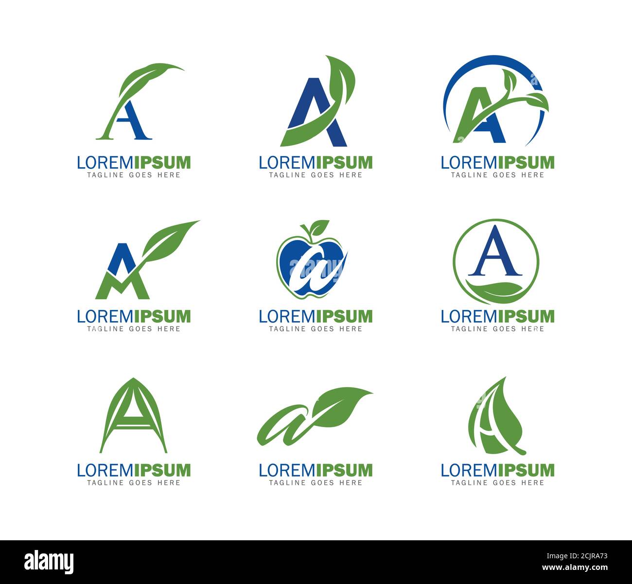 Un vettore Illustrazione della lettera del monogramma UN Logo con la foglia simbolo di colore verde e blu Illustrazione Vettoriale