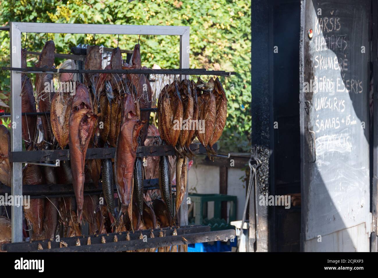 Sgombri secchi affumicati speziati e vari pesci freschi in un mercato del pesce, pronti per mangiare, verticale Foto Stock