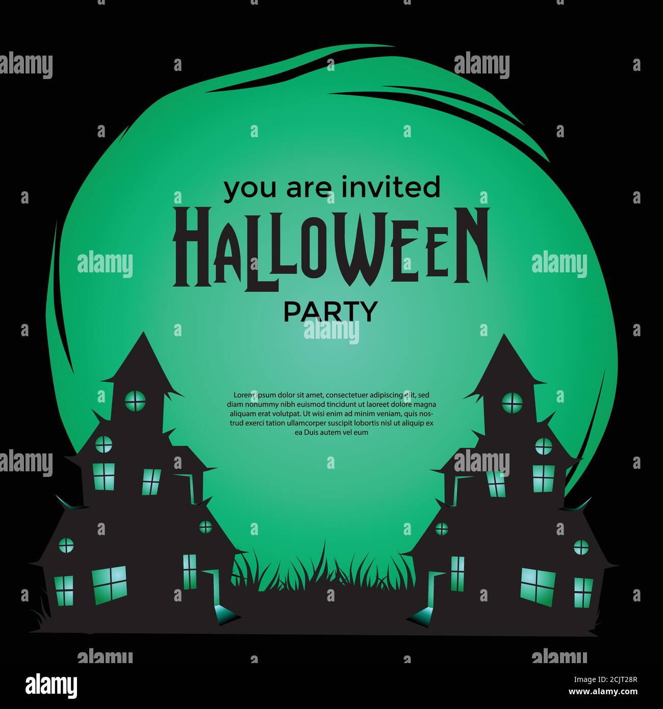 Modello banner Halloween party con cornice circolare e illustrazione di doppio castello spaventoso Illustrazione Vettoriale