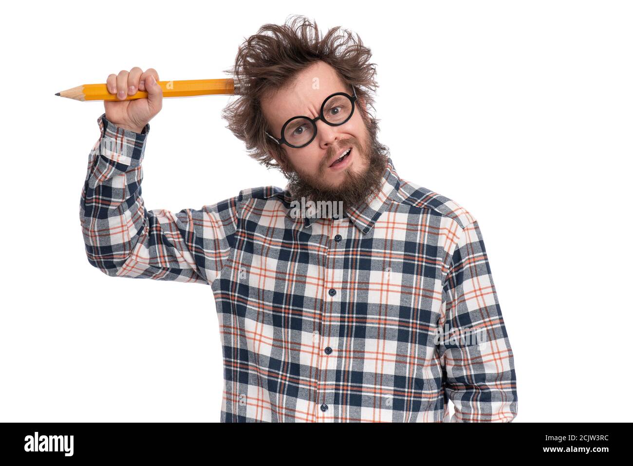 Uomo pazzo bearded con matita grande Foto Stock