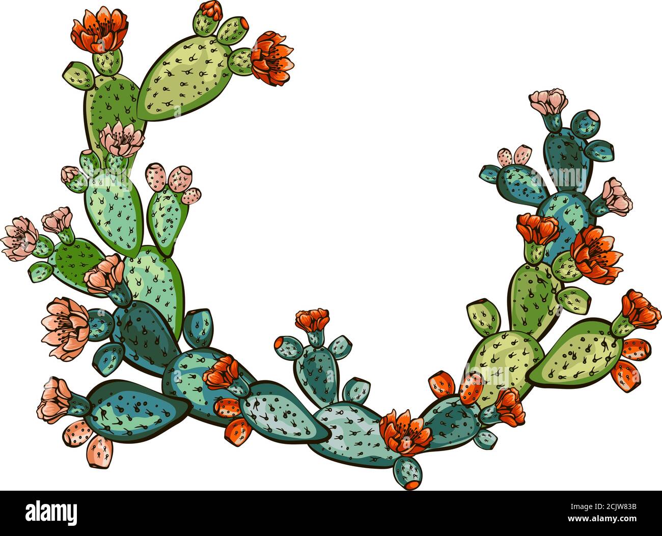 web banner template, Wreath di cactus con fiori, piante esotiche decorative con spazio di testo, posto per il tuo testo o congratulazioni, Design per banne Illustrazione Vettoriale