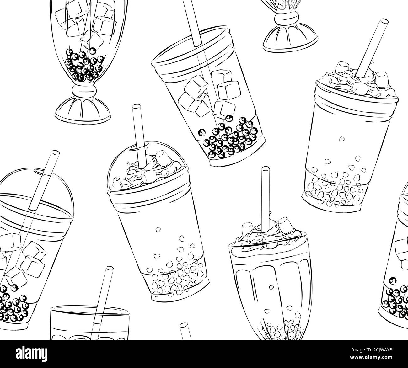 modello senza cuciture di dolci e gustosi milkshakes, panna montata e farcitura, bolla pubblicità tè con gustosa tapioca e perle modello grafico menu Illustrazione Vettoriale