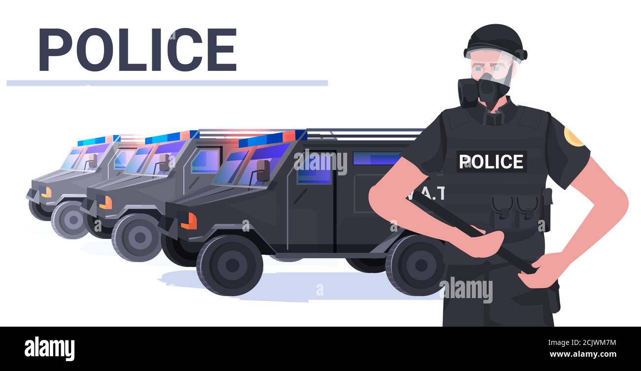 poliziotto in completo tattico attrezzatura riot poliziotto che tiene il testimone manifestanti e rioti dimostrativi concetto di controllo di massa vettore orizzontale verticale illustrazione Illustrazione Vettoriale