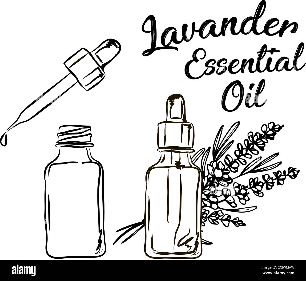 Lavanda bottiglia di olio essenziale e mazzo di fiori disegnati a mano illustrazione vettoriale. Disegno isolato per il trattamento di Aromatherapy, medicina alternativa, Illustrazione Vettoriale